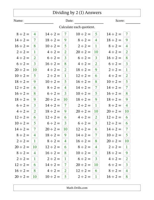 The Horizontally Arranged Dividing by 2 with Quotients 1 to 10 (100 Questions) (I) Math Worksheet Page 2