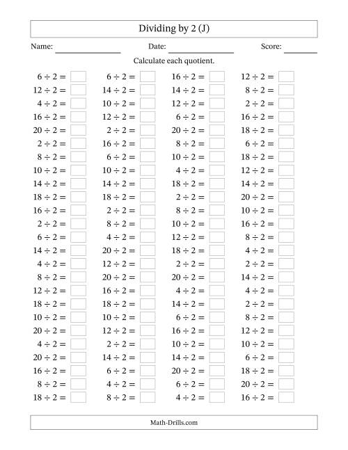 The Horizontally Arranged Dividing by 2 with Quotients 1 to 10 (100 Questions) (J) Math Worksheet