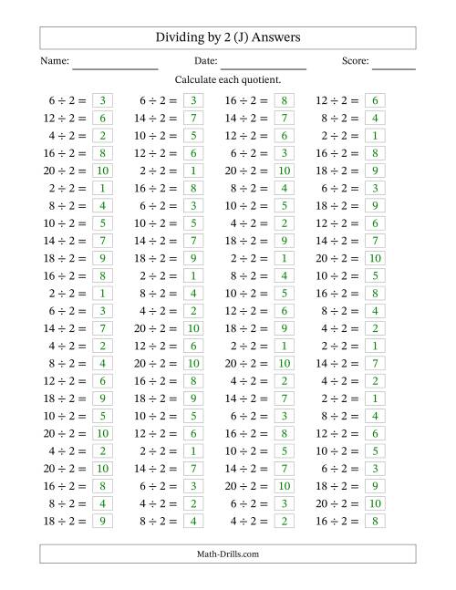The Horizontally Arranged Dividing by 2 with Quotients 1 to 10 (100 Questions) (J) Math Worksheet Page 2