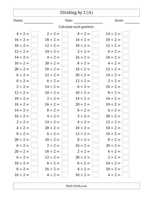 The Horizontally Arranged Dividing by 2 with Quotients 1 to 10 (100 Questions) (All) Math Worksheet
