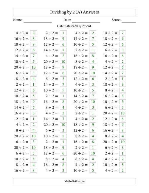 The Horizontally Arranged Dividing by 2 with Quotients 1 to 10 (100 Questions) (All) Math Worksheet Page 2