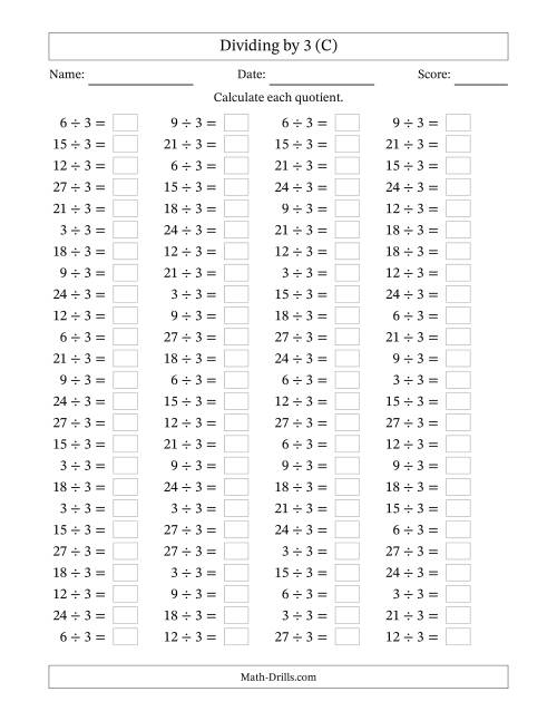 The Horizontally Arranged Dividing by 3 with Quotients 1 to 9 (100 Questions) (C) Math Worksheet