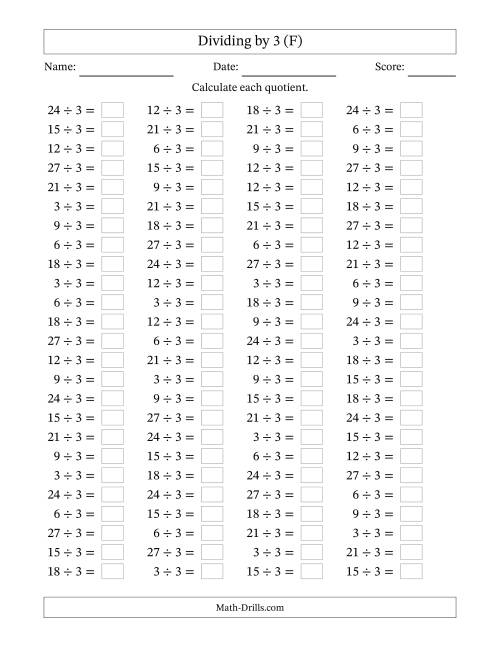 The Horizontally Arranged Dividing by 3 with Quotients 1 to 9 (100 Questions) (F) Math Worksheet