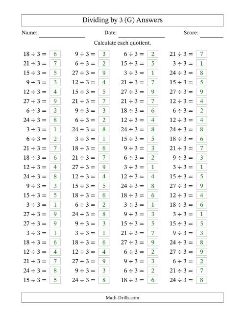 The Horizontally Arranged Dividing by 3 with Quotients 1 to 9 (100 Questions) (G) Math Worksheet Page 2
