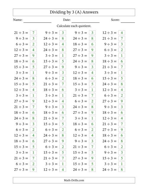 The Horizontally Arranged Dividing by 3 with Quotients 1 to 9 (100 Questions) (All) Math Worksheet Page 2