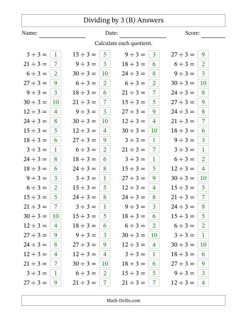 The Horizontally Arranged Dividing by 3 with Quotients 1 to 10 (100 Questions) (B) Math Worksheet Page 2