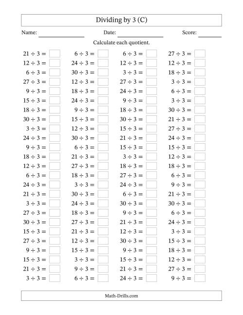 The Horizontally Arranged Dividing by 3 with Quotients 1 to 10 (100 Questions) (C) Math Worksheet