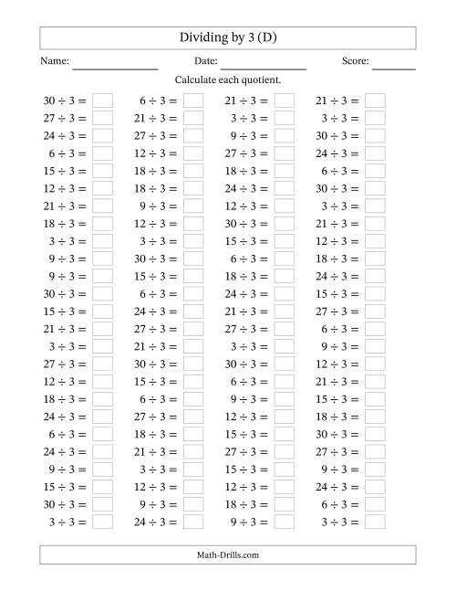 The Horizontally Arranged Dividing by 3 with Quotients 1 to 10 (100 Questions) (D) Math Worksheet