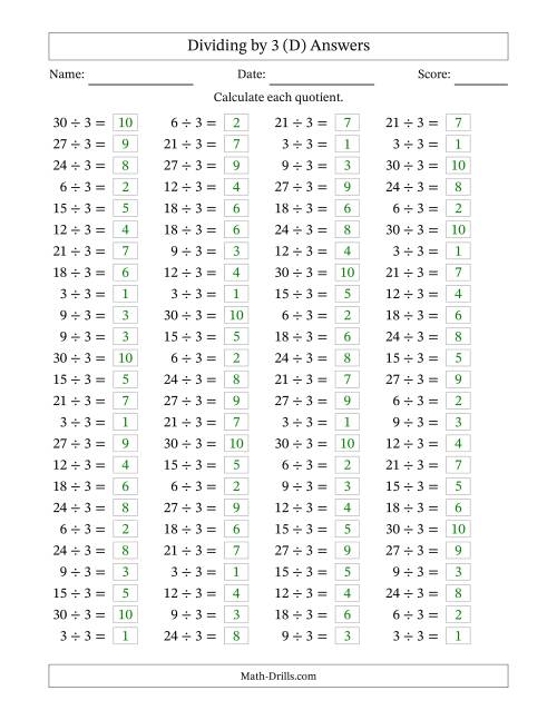The Horizontally Arranged Dividing by 3 with Quotients 1 to 10 (100 Questions) (D) Math Worksheet Page 2