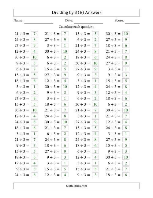 The Horizontally Arranged Dividing by 3 with Quotients 1 to 10 (100 Questions) (E) Math Worksheet Page 2