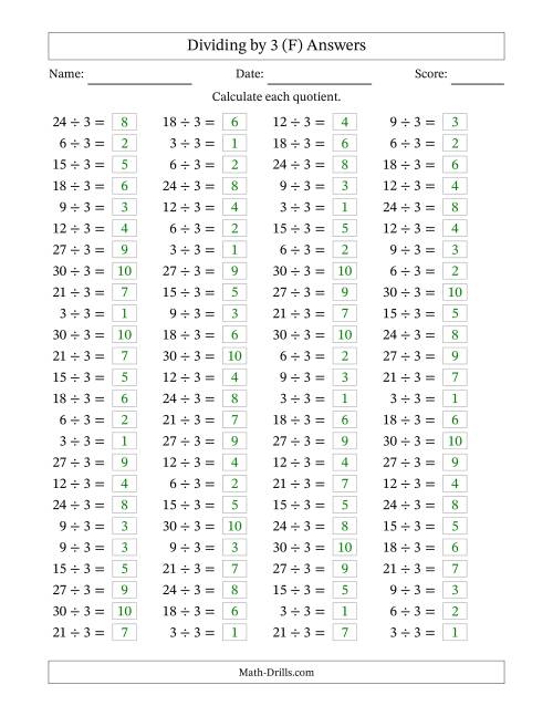 The Horizontally Arranged Dividing by 3 with Quotients 1 to 10 (100 Questions) (F) Math Worksheet Page 2