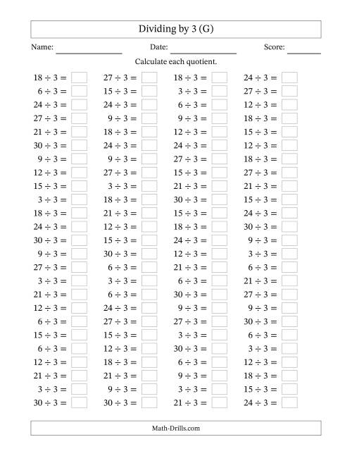 The Horizontally Arranged Dividing by 3 with Quotients 1 to 10 (100 Questions) (G) Math Worksheet