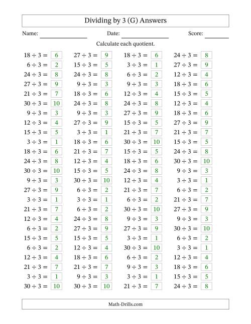 The Horizontally Arranged Dividing by 3 with Quotients 1 to 10 (100 Questions) (G) Math Worksheet Page 2