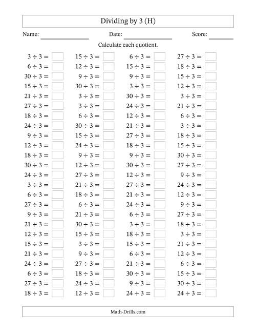 The Horizontally Arranged Dividing by 3 with Quotients 1 to 10 (100 Questions) (H) Math Worksheet