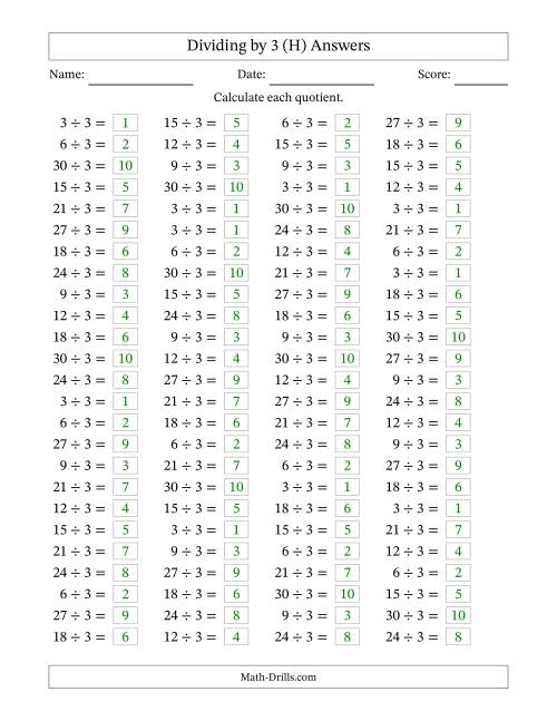 The Horizontally Arranged Dividing by 3 with Quotients 1 to 10 (100 Questions) (H) Math Worksheet Page 2