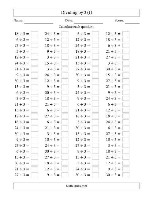The Horizontally Arranged Dividing by 3 with Quotients 1 to 10 (100 Questions) (I) Math Worksheet