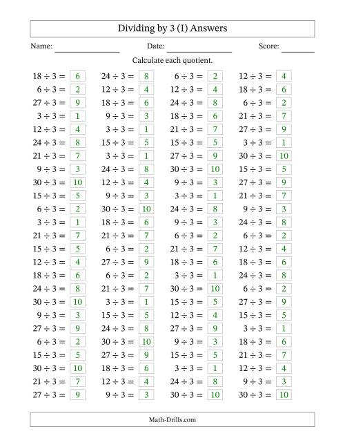 The Horizontally Arranged Dividing by 3 with Quotients 1 to 10 (100 Questions) (I) Math Worksheet Page 2