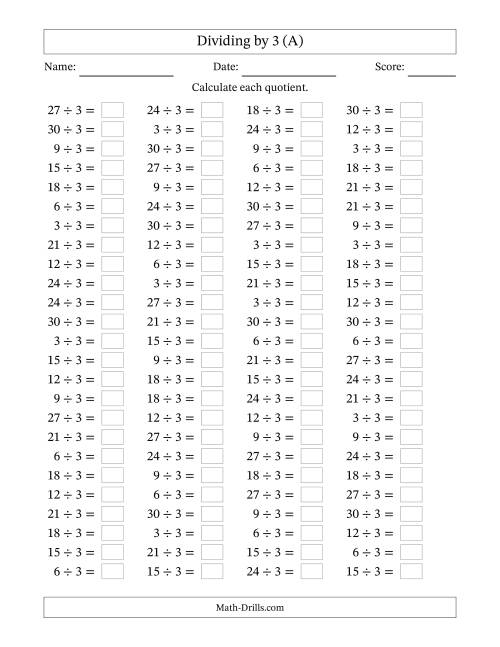 The Horizontally Arranged Dividing by 3 with Quotients 1 to 10 (100 Questions) (All) Math Worksheet