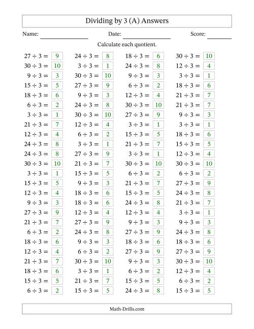 The Horizontally Arranged Dividing by 3 with Quotients 1 to 10 (100 Questions) (All) Math Worksheet Page 2