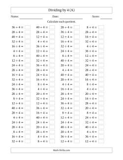 Horizontally Arranged Dividing by 4 with Quotients 1 to 10 (100 Questions)