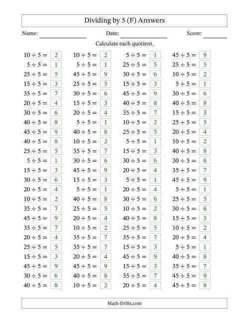 The Horizontally Arranged Dividing by 5 with Quotients 1 to 9 (100 Questions) (F) Math Worksheet Page 2