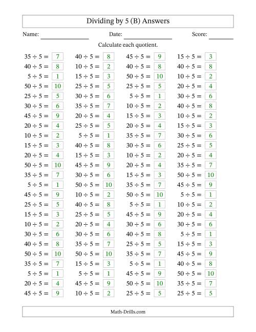 The Horizontally Arranged Dividing by 5 with Quotients 1 to 10 (100 Questions) (B) Math Worksheet Page 2