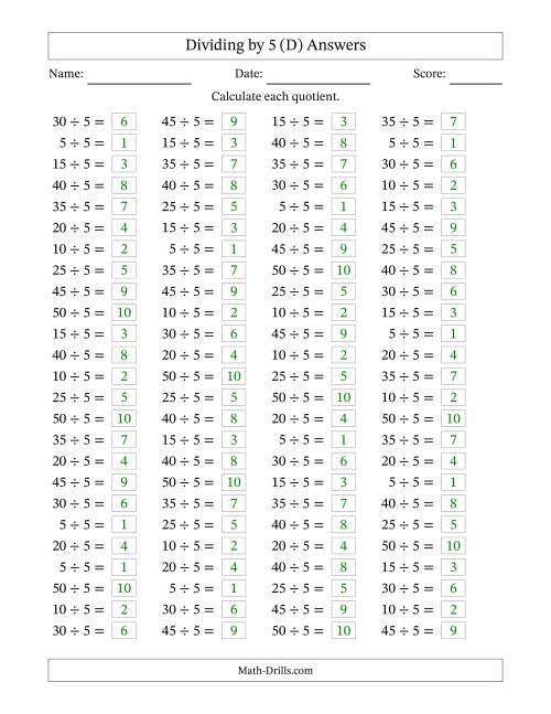 The Horizontally Arranged Dividing by 5 with Quotients 1 to 10 (100 Questions) (D) Math Worksheet Page 2