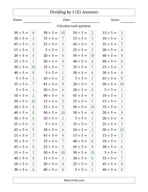 The Horizontally Arranged Dividing by 5 with Quotients 1 to 10 (100 Questions) (E) Math Worksheet Page 2