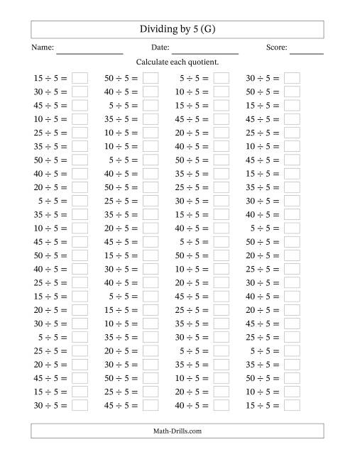 The Horizontally Arranged Dividing by 5 with Quotients 1 to 10 (100 Questions) (G) Math Worksheet