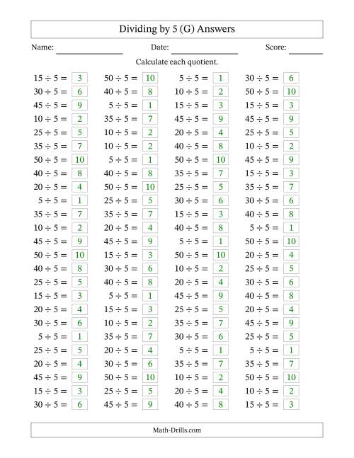 The Horizontally Arranged Dividing by 5 with Quotients 1 to 10 (100 Questions) (G) Math Worksheet Page 2