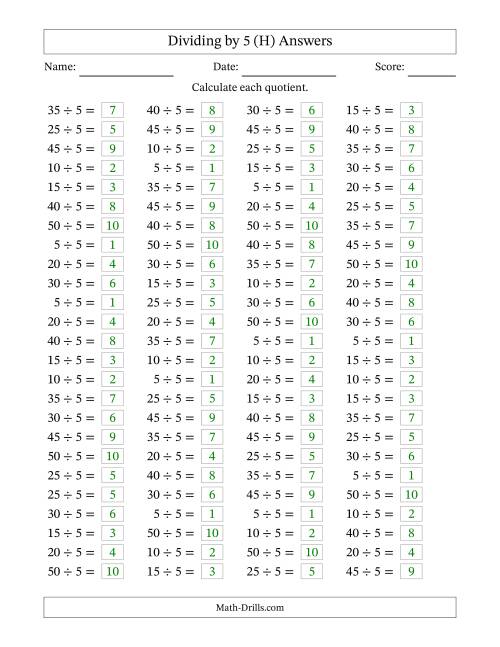 The Horizontally Arranged Dividing by 5 with Quotients 1 to 10 (100 Questions) (H) Math Worksheet Page 2