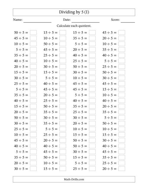 The Horizontally Arranged Dividing by 5 with Quotients 1 to 10 (100 Questions) (I) Math Worksheet