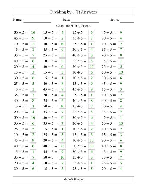 The Horizontally Arranged Dividing by 5 with Quotients 1 to 10 (100 Questions) (I) Math Worksheet Page 2