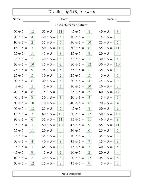 The Horizontally Arranged Dividing by 5 with Quotients 1 to 12 (100 Questions) (B) Math Worksheet Page 2