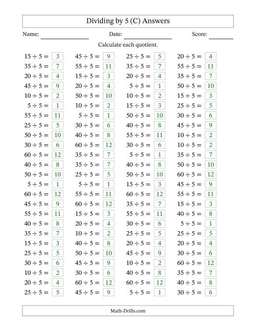 The Horizontally Arranged Dividing by 5 with Quotients 1 to 12 (100 Questions) (C) Math Worksheet Page 2