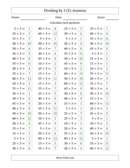 The Horizontally Arranged Dividing by 5 with Quotients 1 to 12 (100 Questions) (E) Math Worksheet Page 2