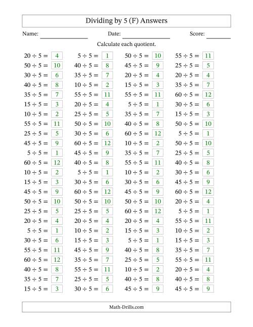 The Horizontally Arranged Dividing by 5 with Quotients 1 to 12 (100 Questions) (F) Math Worksheet Page 2