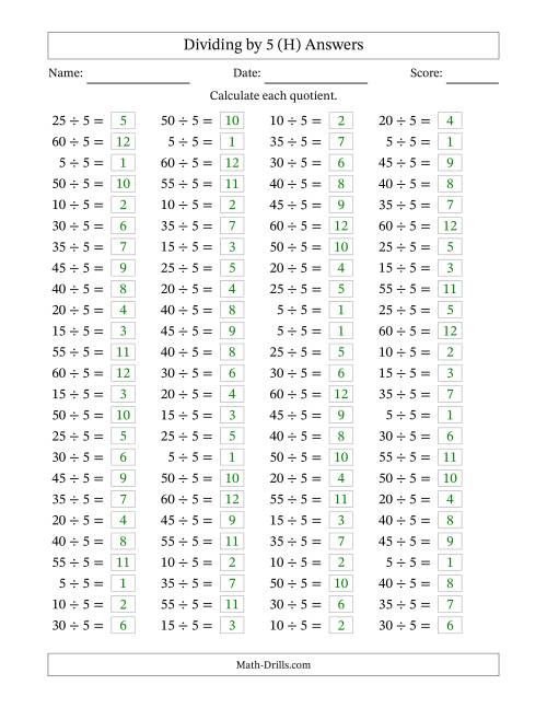 The Horizontally Arranged Dividing by 5 with Quotients 1 to 12 (100 Questions) (H) Math Worksheet Page 2