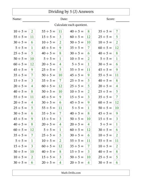 The Horizontally Arranged Dividing by 5 with Quotients 1 to 12 (100 Questions) (J) Math Worksheet Page 2