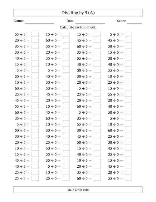 The Horizontally Arranged Dividing by 5 with Quotients 1 to 12 (100 Questions) (All) Math Worksheet
