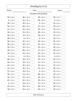 Horizontally Arranged Dividing by 6 with Quotients 1 to 9 (100 Questions)