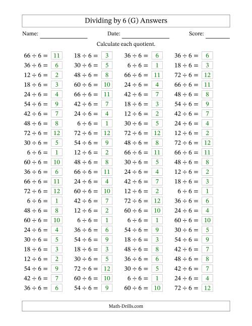 The Horizontally Arranged Dividing by 6 with Quotients 1 to 12 (100 Questions) (G) Math Worksheet Page 2