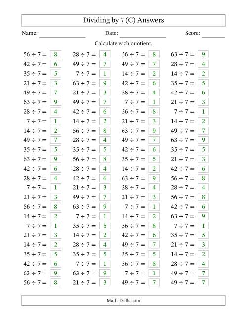 The Horizontally Arranged Dividing by 7 with Quotients 1 to 9 (100 Questions) (C) Math Worksheet Page 2