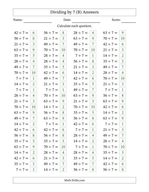 The Horizontally Arranged Dividing by 7 with Quotients 1 to 10 (100 Questions) (B) Math Worksheet Page 2