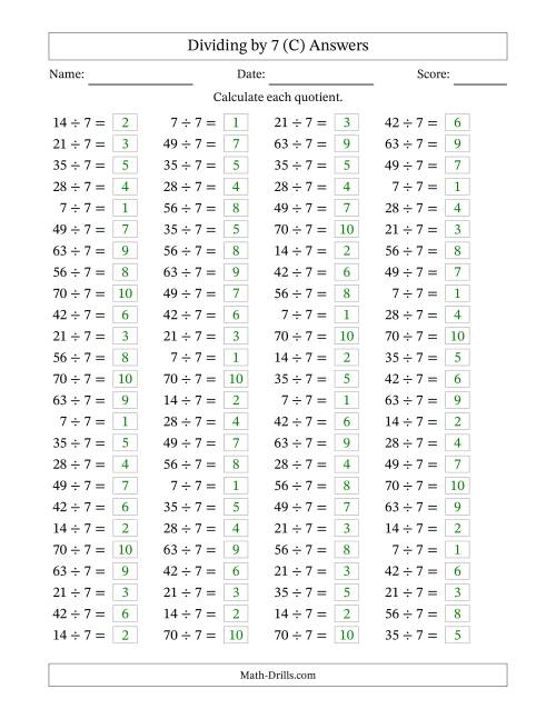 The Horizontally Arranged Dividing by 7 with Quotients 1 to 10 (100 Questions) (C) Math Worksheet Page 2