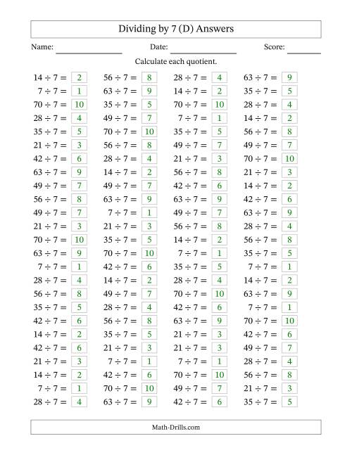The Horizontally Arranged Dividing by 7 with Quotients 1 to 10 (100 Questions) (D) Math Worksheet Page 2
