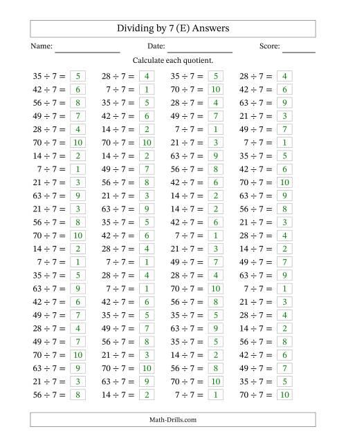 The Horizontally Arranged Dividing by 7 with Quotients 1 to 10 (100 Questions) (E) Math Worksheet Page 2