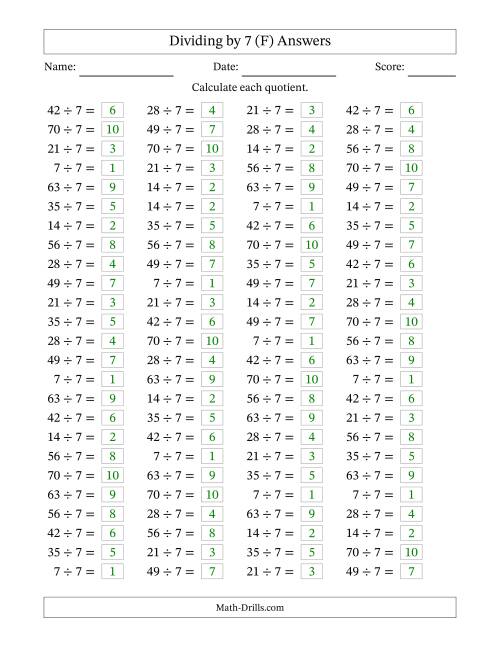 The Horizontally Arranged Dividing by 7 with Quotients 1 to 10 (100 Questions) (F) Math Worksheet Page 2