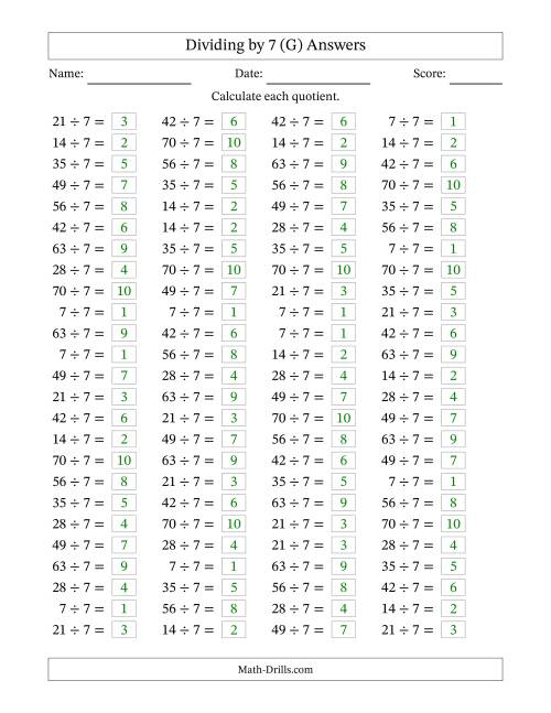 The Horizontally Arranged Dividing by 7 with Quotients 1 to 10 (100 Questions) (G) Math Worksheet Page 2
