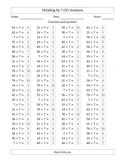 The Horizontally Arranged Dividing by 7 with Quotients 1 to 10 (100 Questions) (H) Math Worksheet Page 2